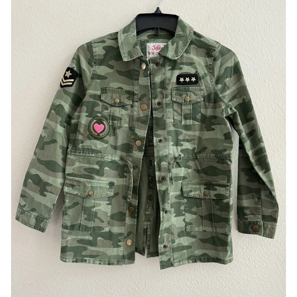 Justice jacket Girls Camouflage Drawstring Waist Button Down Jacket Size 6/7